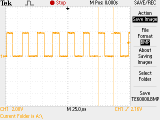 Oscilloscope screenshot of 32kHz output from ACLK pin