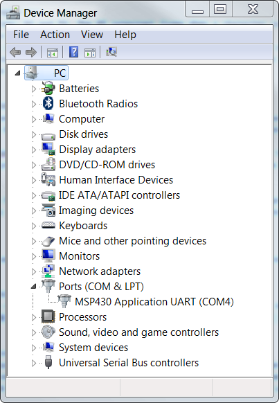 Windows Device Manager dialog showing Enumerated COM ports